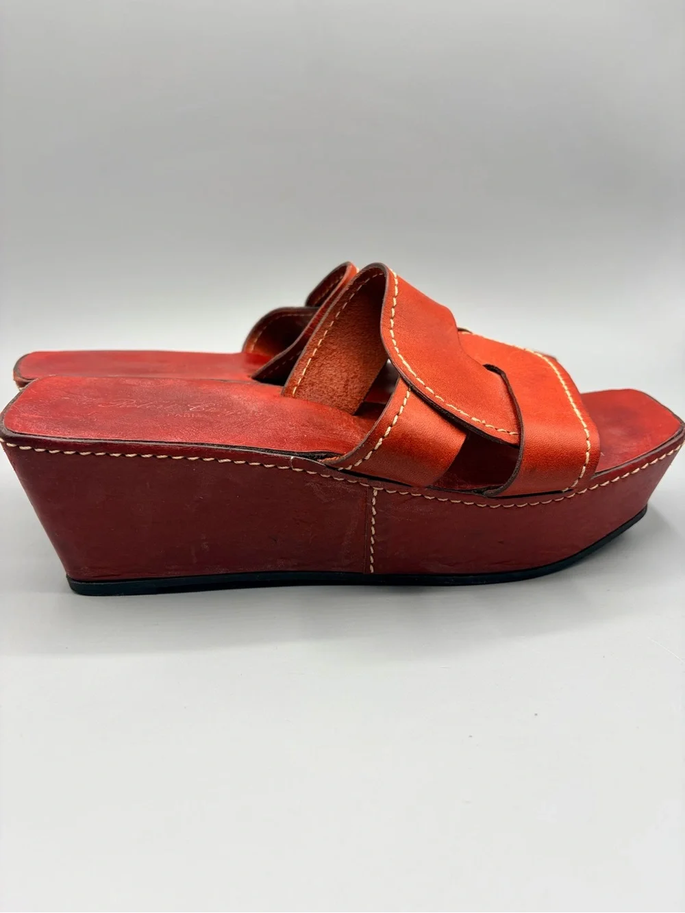 Robert Clergerie Paris, Red Leather Luxury Platform Wedge Sandals,Made In France